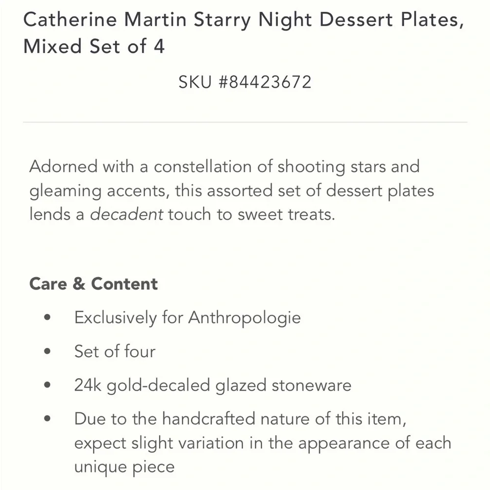 Set/4 ⭐️ 24K Gold Plates Catherine Martin x  Anthropologie WHITE and gold